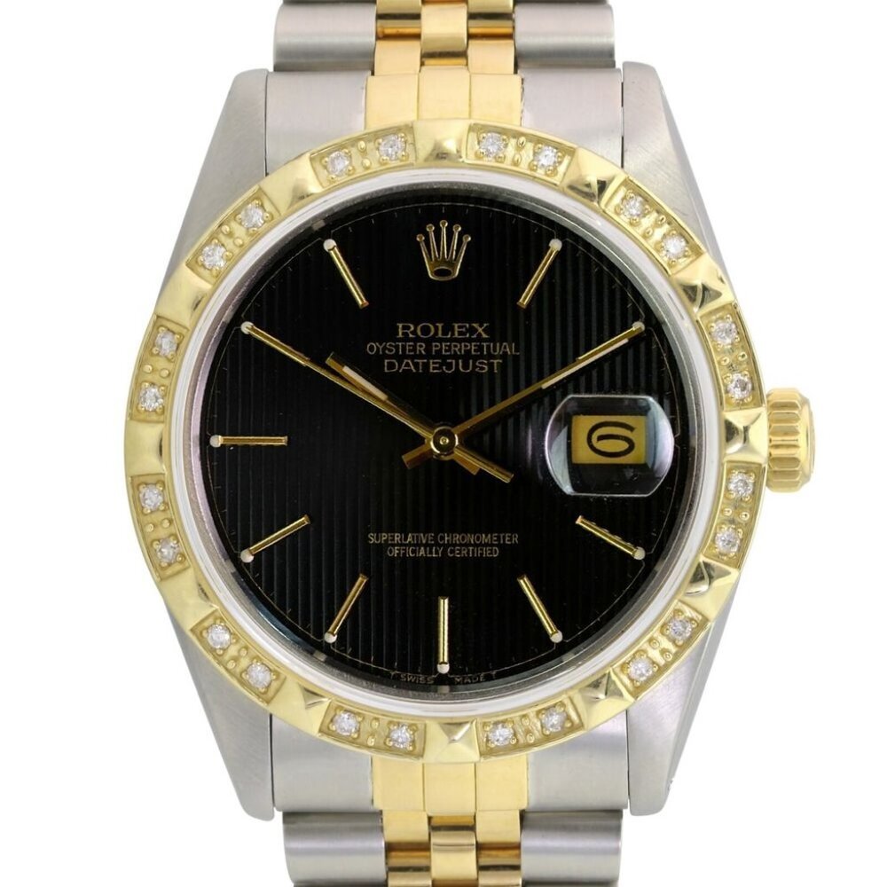 ROLEX DATEJUST BLACK TAPESTRY INDEX DIAL DIAMOND JUBILEE 18K TWOTONE WATCH 16233